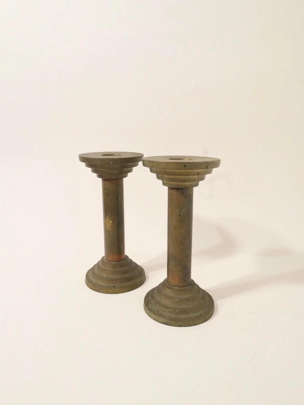 Vintage Heavy Solid Brass Column Candle Holders by TAG classic stepped design